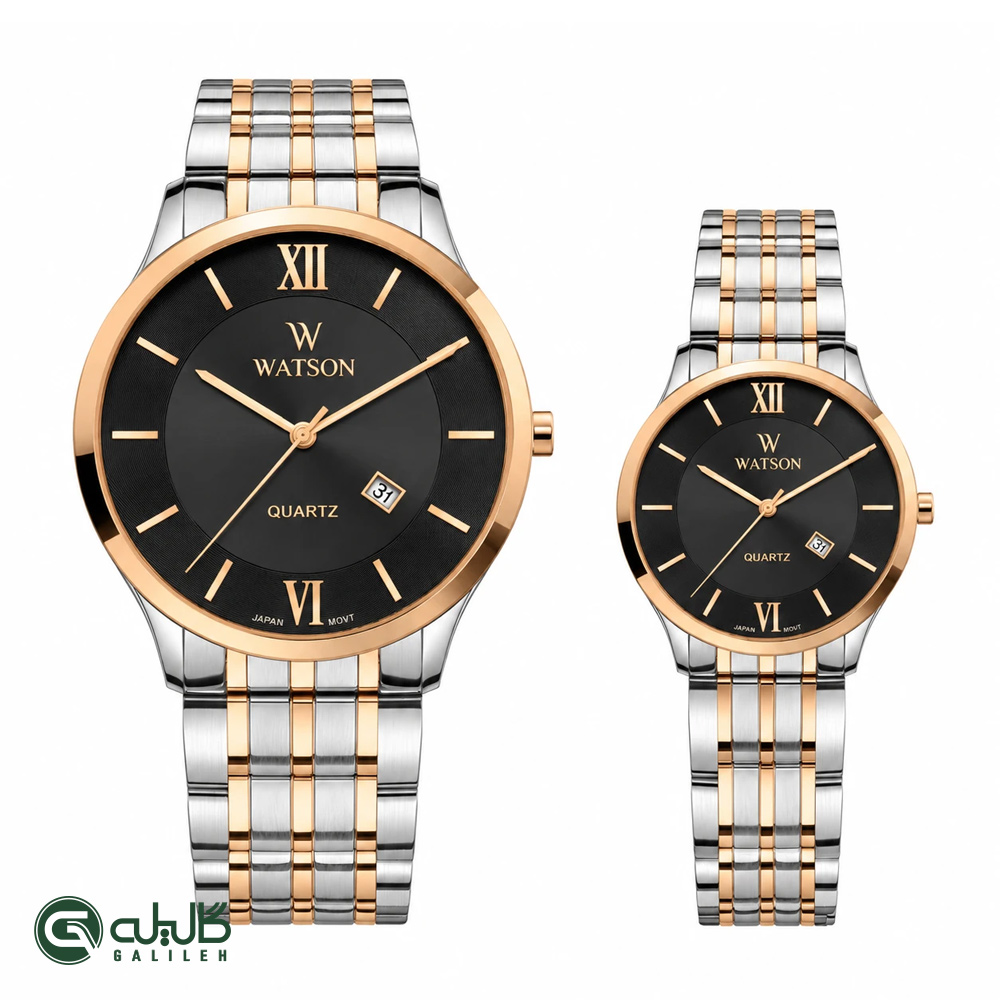 WATSON-1180GL-352 ست ساعت زنانه و مردنه واتسون رزنقره ای مشکی WATSON-1180GL-352