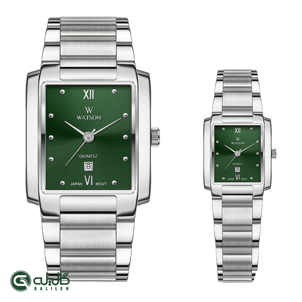 WATSON-1258GL-313 ست ساعت زنانه و مردانه واتسون نقره ای سبز WATSON-1258GL-313